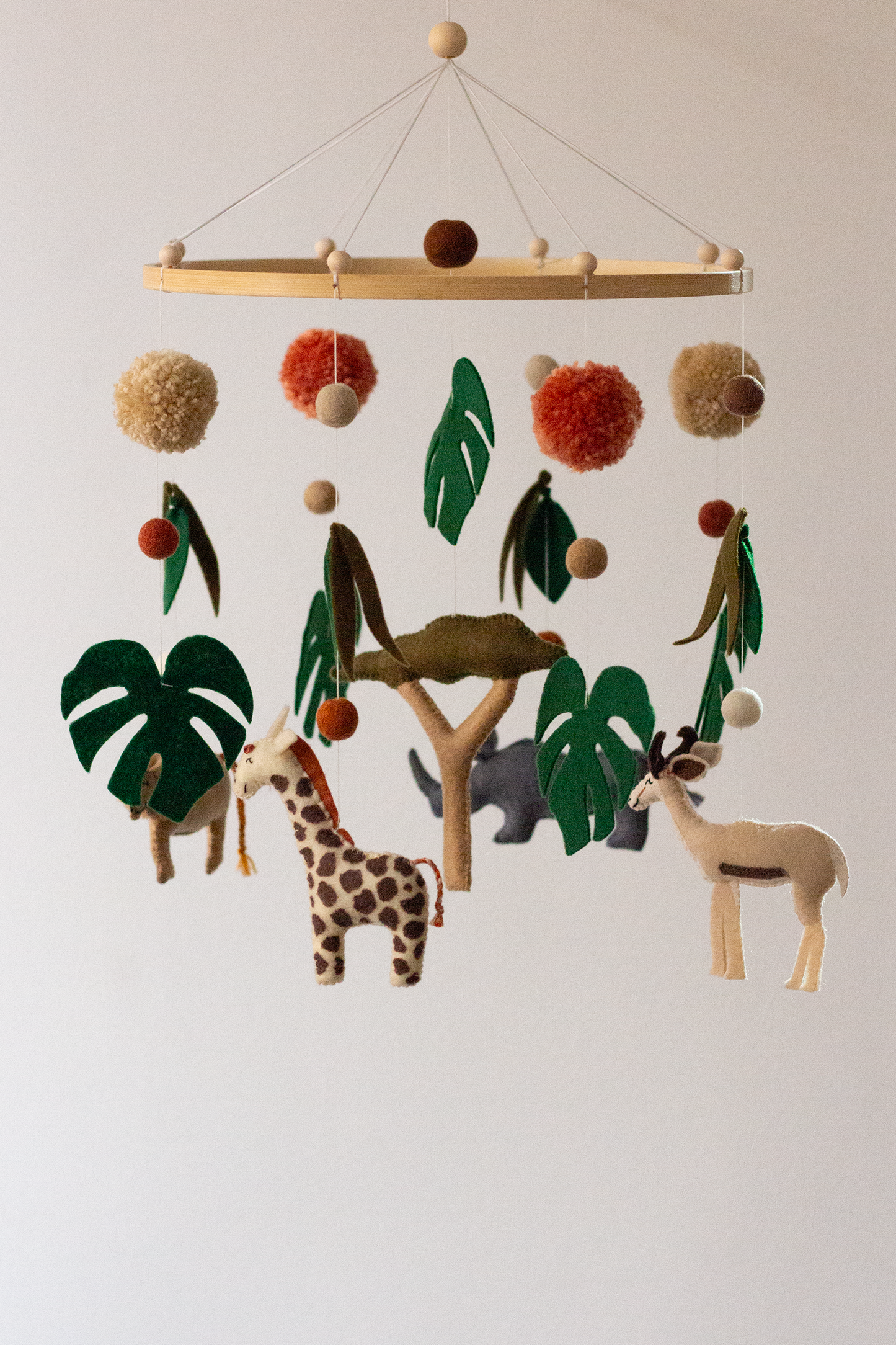 Handmade African safari hanging mobile with giraffe, springbok, lion and Rhino