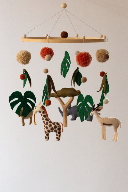 Handmade African safari hanging mobile with giraffe, springbok, lion and Rhino