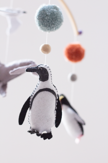 Handmade Penguin Party hanging mobile with seal, penguins and seabirds with African Penguin