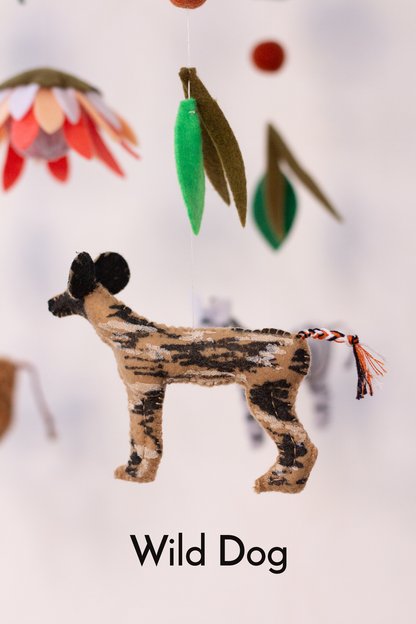 Handmade African Wildlife hanging mobile with Wild Dog