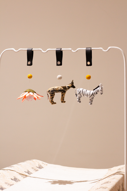 African Wildlife felt bag charm gift set inspired by African animals like wild dog, zebra, king protea