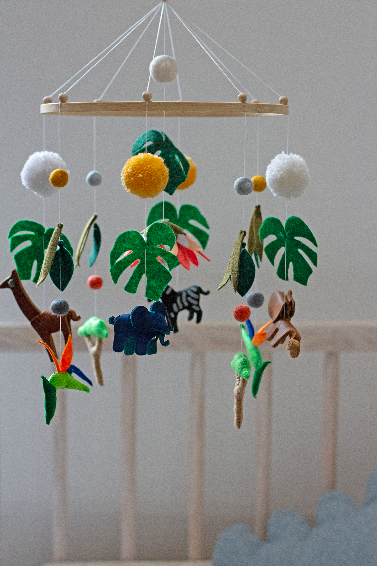 African Wildlife hanging mobile handcrafted with vegetable-tanned leather and polyfelt