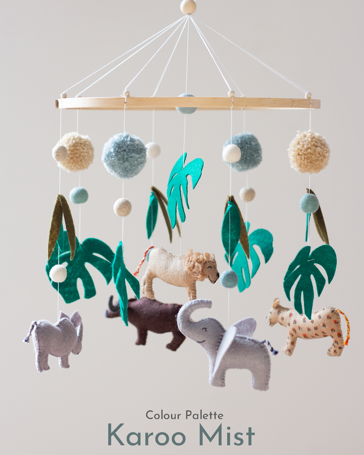 Big Five African Wildlife Classic Hoop Mobile with lion, leopard, elephant, rhino and buffalo, in Karoo Mist colour palette, handmade in Cape Town.