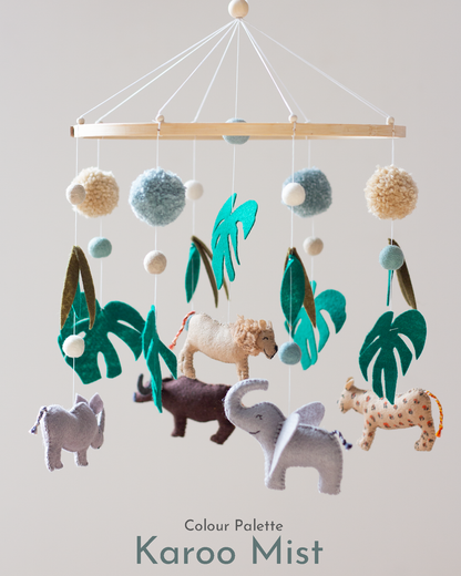 Big Five African Wildlife Classic Hoop Mobile with lion, leopard, elephant, rhino and buffalo, in Karoo Mist colour palette, handmade in Cape Town.