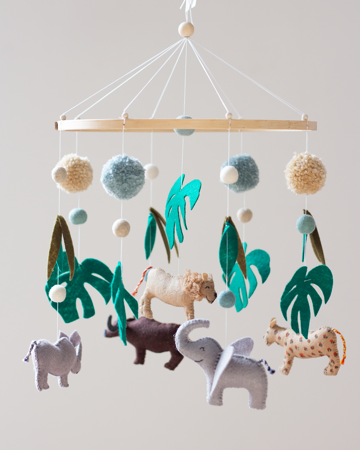 Big Five African Wildlife Classic Hoop Mobile with lion, leopard, elephant, rhino and buffalo, handmade in Cape Town.