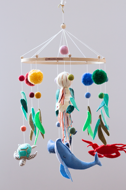 Handmade ocean hanging mobile with marine animals and sea greens