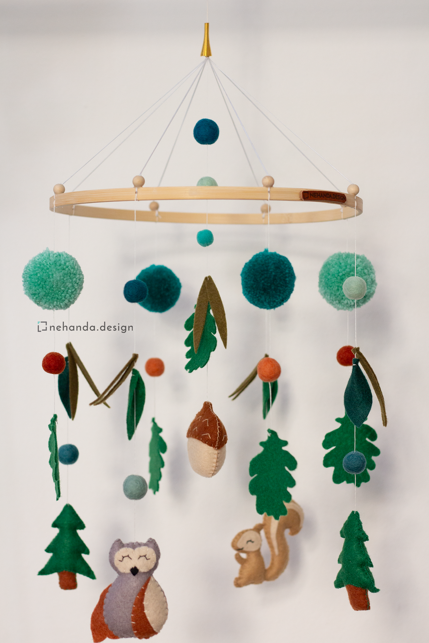 Woodland Wildlife hanging mobile with sleepy owl, squirrel and acorn