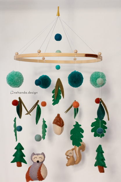 Woodland Wildlife hanging mobile with sleepy owl, squirrel and acorn