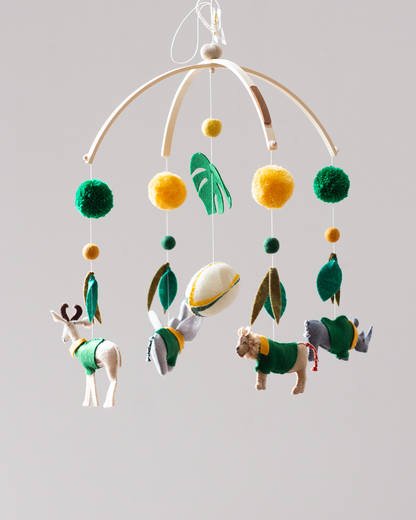 Green and Gold South African wildlife hanging mobile with animals dressed in supporters jerseys