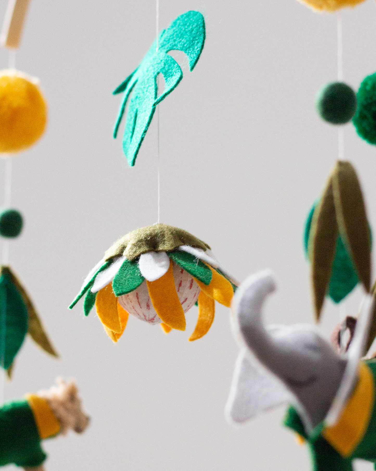 Green and Gold South African wildlife hanging mobile with king protea