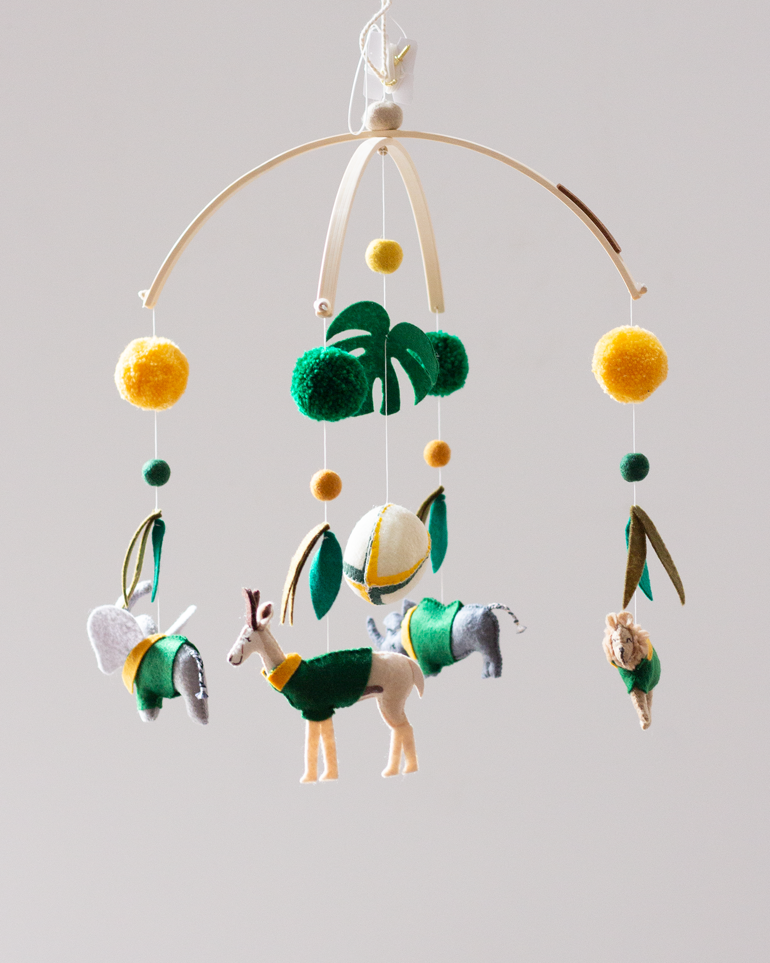 Limited edition Green & Gold Supporters Signature Arch mobile with South African animals handmade by Nehanda Design in Cape Town