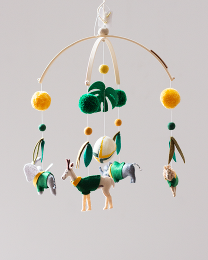 Limited edition Green & Gold Supporters Signature Arch mobile with South African animals handmade by Nehanda Design in Cape Town
