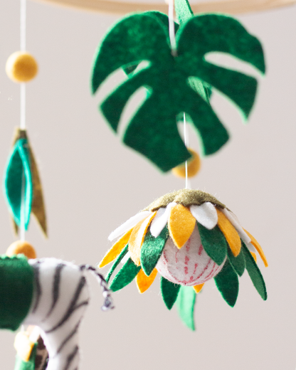 Handmade South African Classic Hoop mobile with custom wildlife in green and gold and King protea
