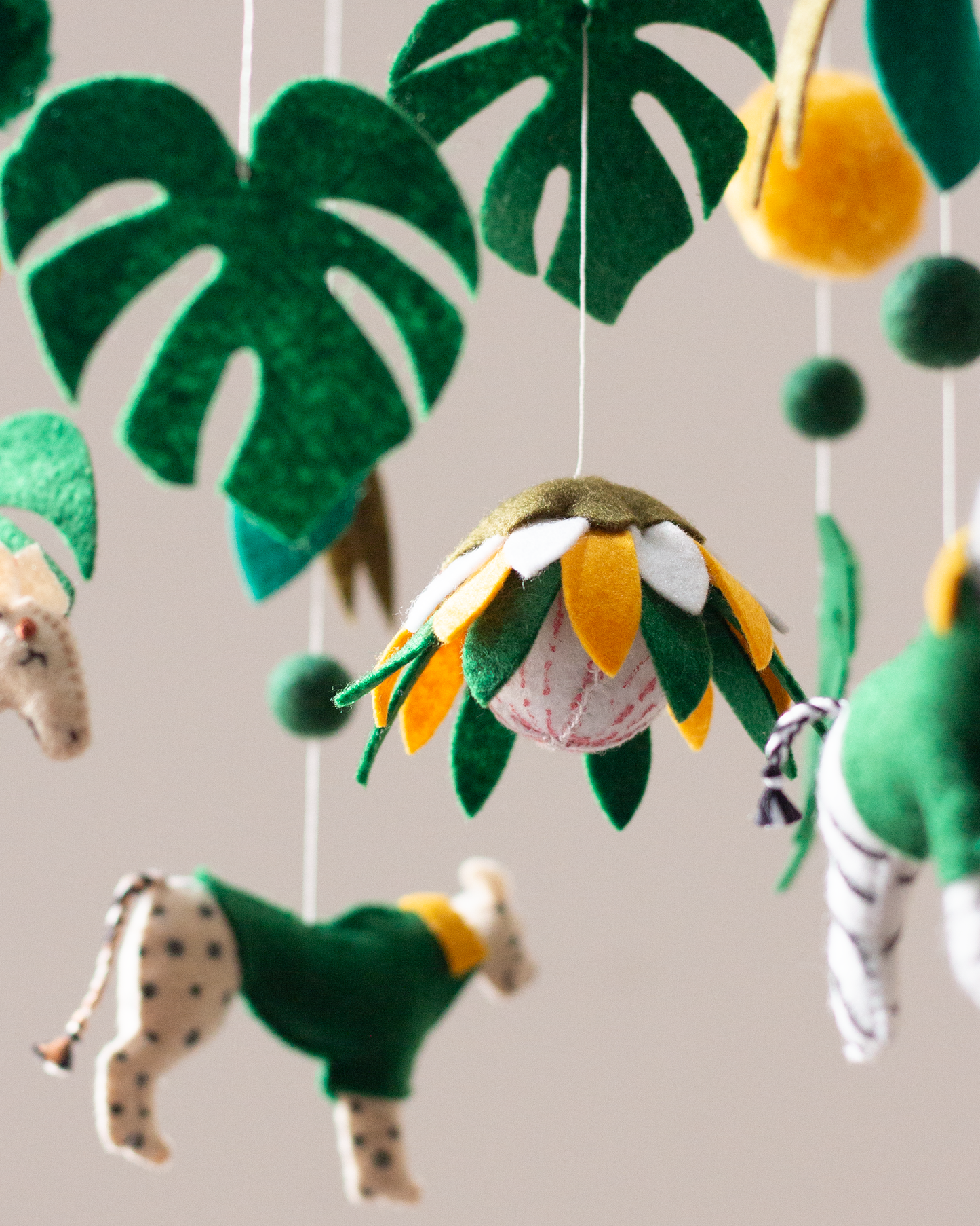 Handmade South African Classic Hoop mobile with king protea in Green & Gold
