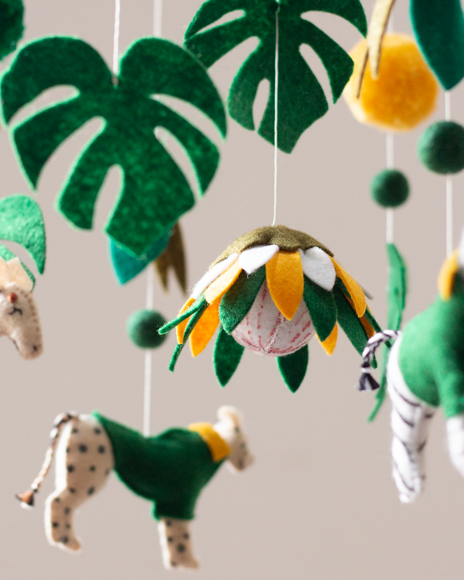 Handmade South African Classic Hoop mobile with king protea in Green & Gold