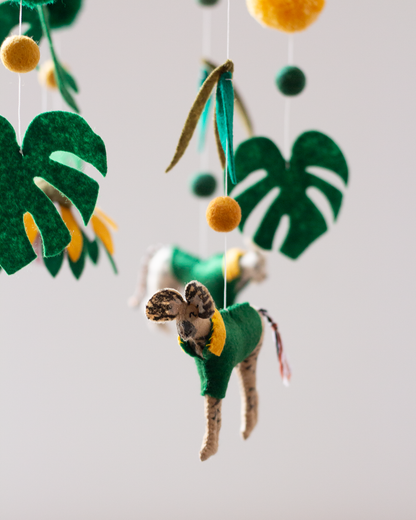 Green & Gold Supporters bamboo hoop hanging mobile handmade by Nehanda Design with Wild Dog