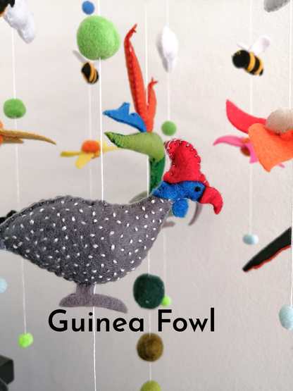 Decorative African wildlife mobile with handcrafted felt birds
