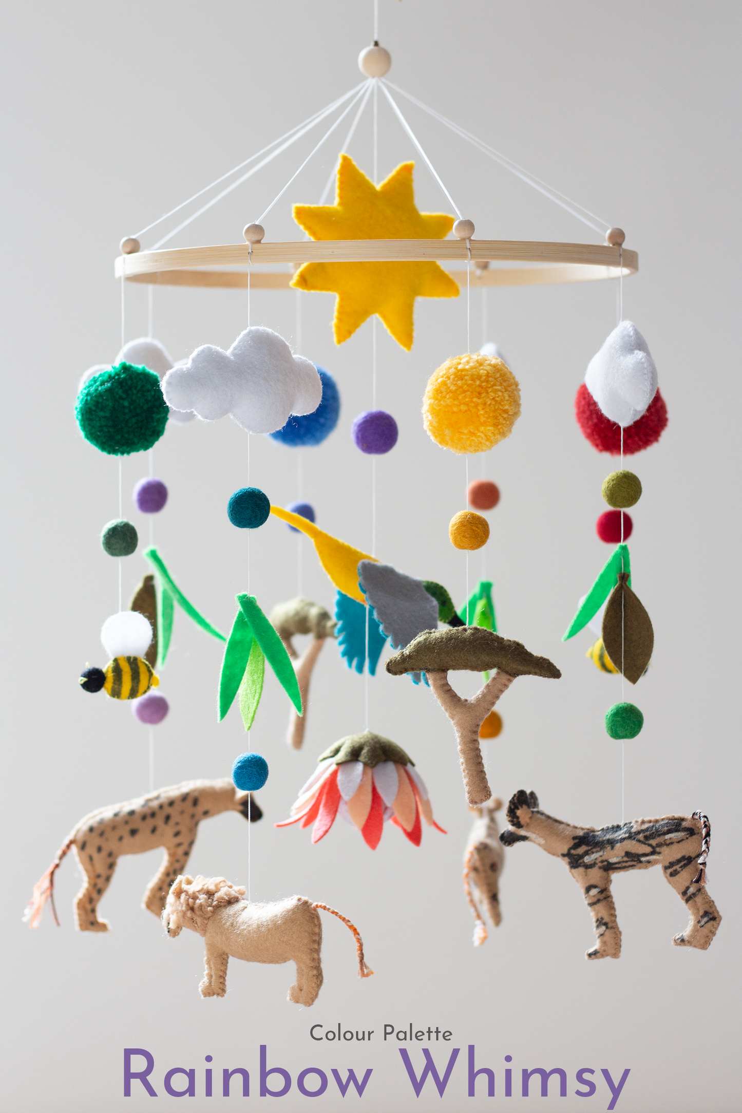 Handmade King Protea African wildlife hanging mobile inspired by South Africa - Rainbow Colour Palette