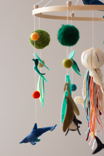 Ocean Life hanging mobile handcrafted with vegetable-tanned leather and polyfelt