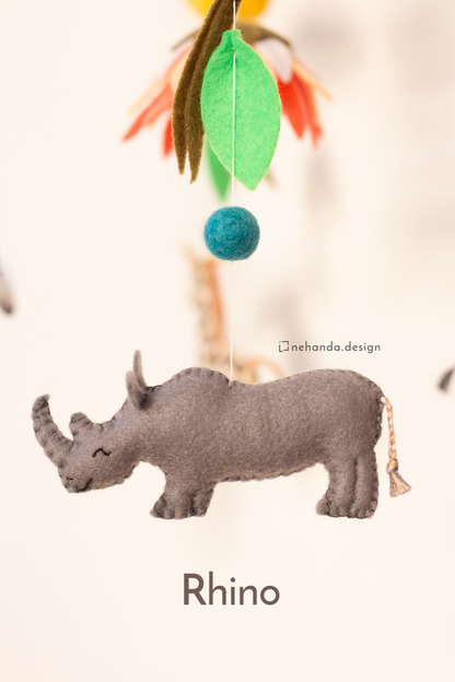 Handcrafted Big Five hanging mobile featuring rhino