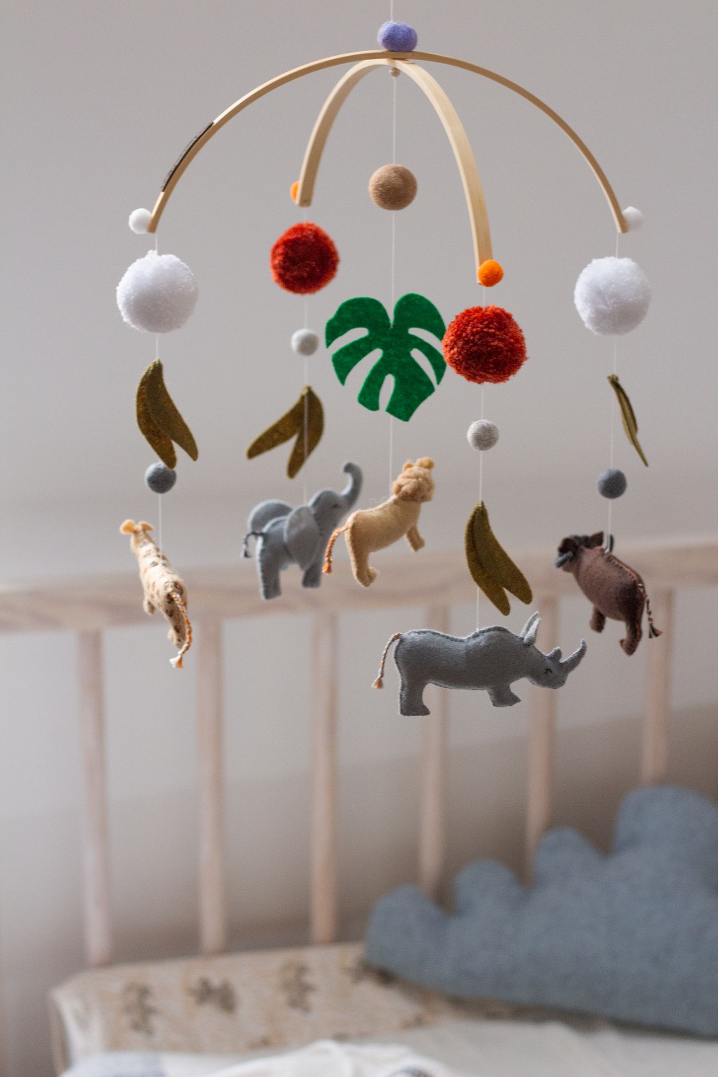 Handcrafted Big Five hanging mobile featuring lion, elephant, rhino, buffalo and leopard