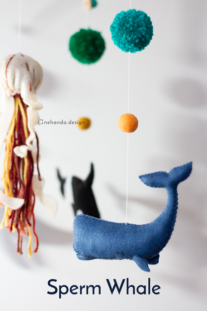 Handmade Ocean Life hanging mobile featuring whales