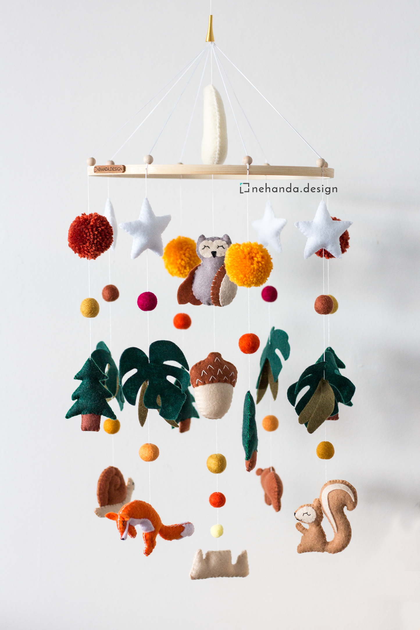 Woodland Wildlife Hanging Mobile handmade in Cape Town | Grand Hoop Collection by Nehanda Design with sleepy owl 