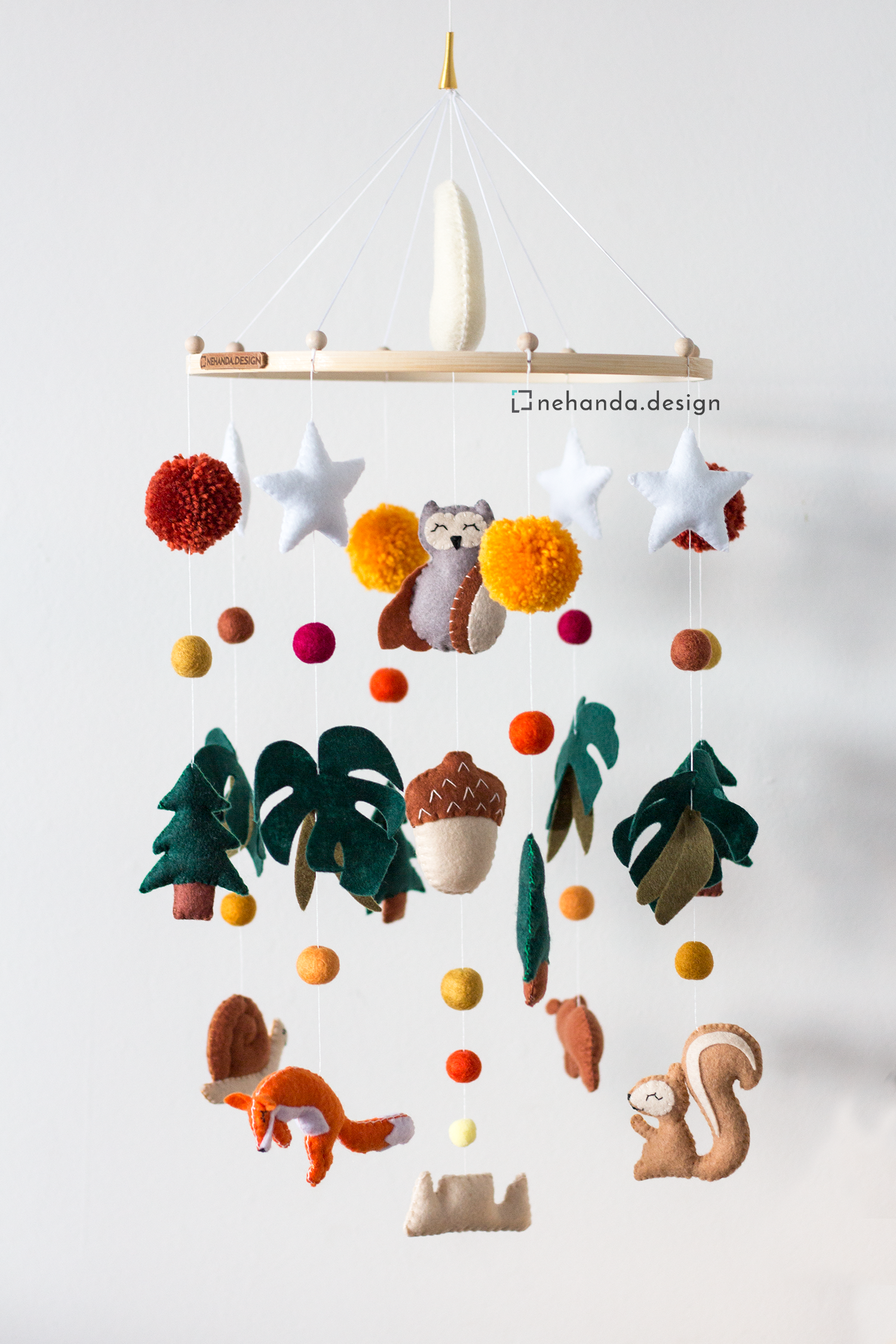 Woodland Wildlife Hanging Mobile handmade in Cape Town | Grand Hoop Collection by Nehanda Design with sleepy owl 