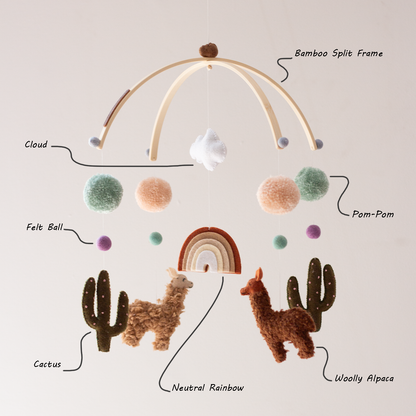 Decorative alpaca mobile with handcrafted felt animals