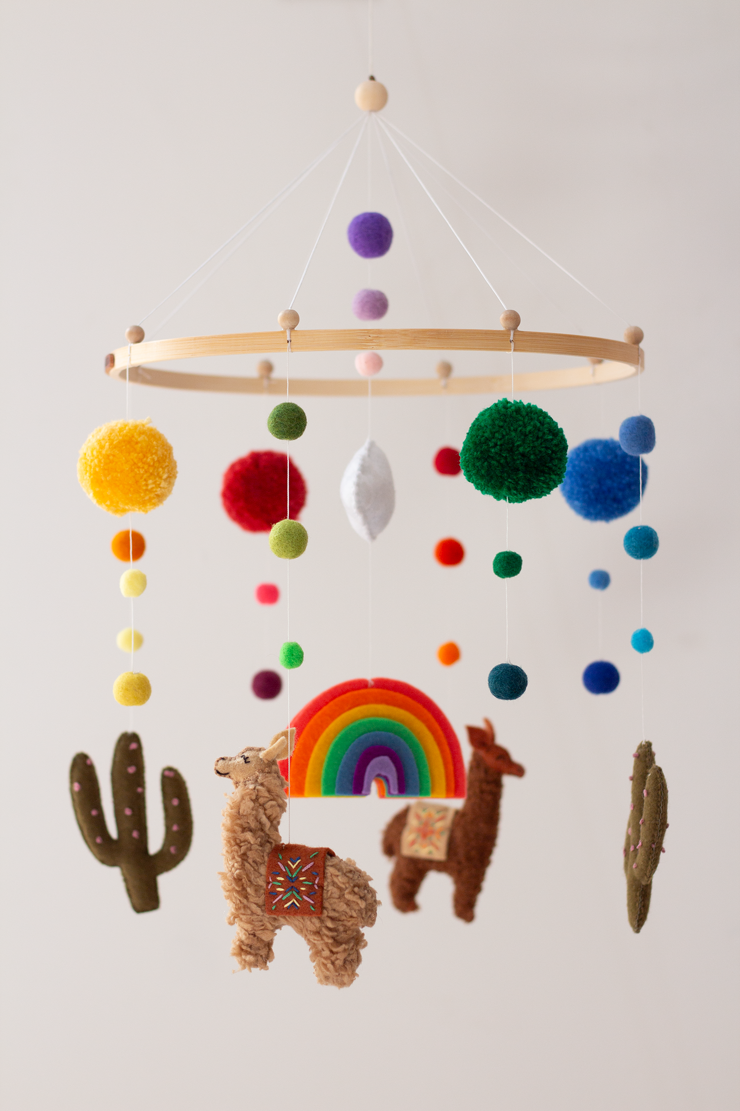 Classic Hoop woolly alpaca hanging mobile with rainbow and blooming cacti